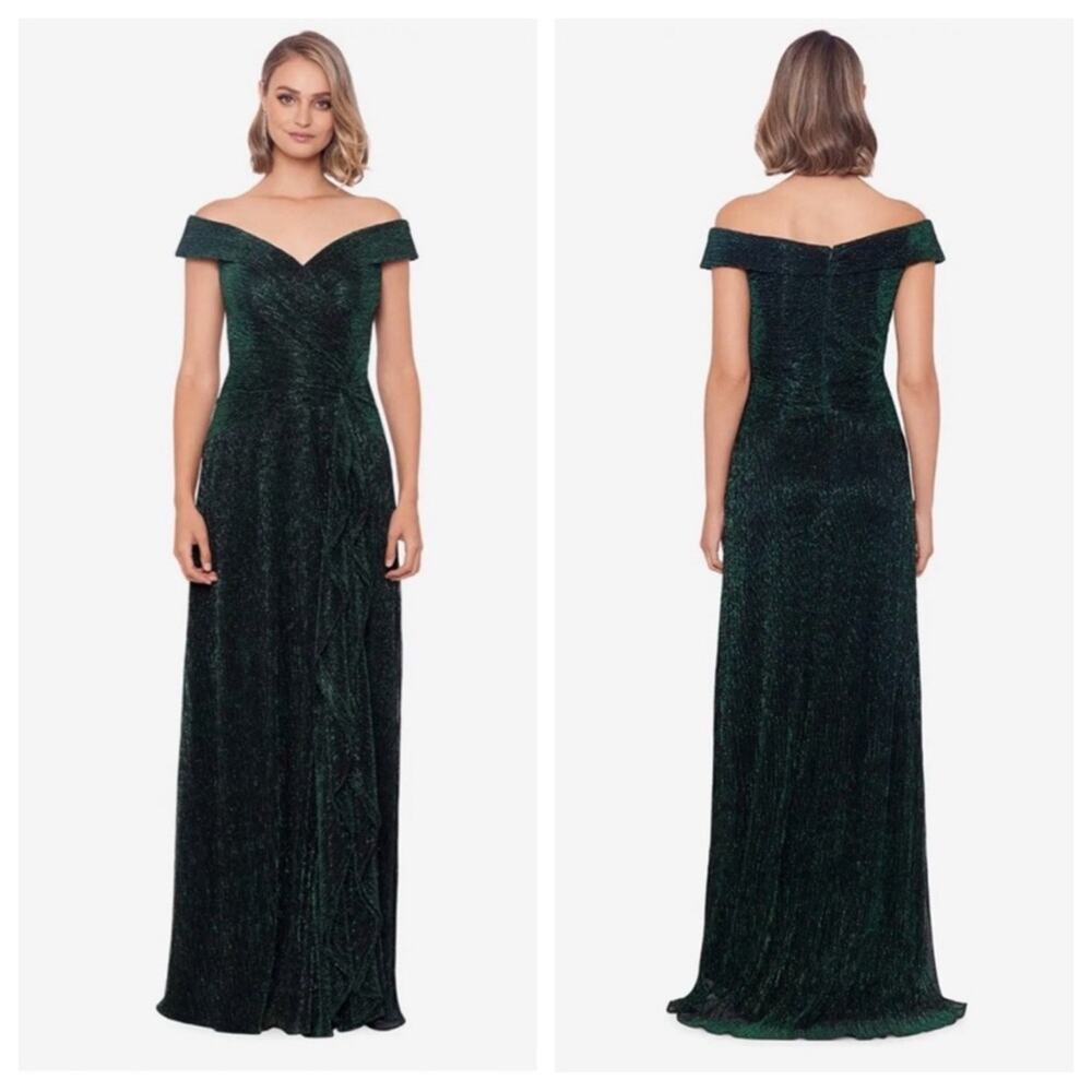 Xscape Green Metallic Off Shoulder Ruffle Formal Maxi Gown Size 10